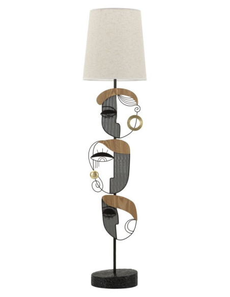 Grand Lampadaire sur pied arty Visages Hauteur 162 cm Métal Noir Bois MDF Naturel Tissu Beige Picassy 