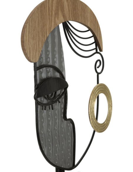 Grand Lampadaire sur pied arty Visages Hauteur 162 cm Métal Noir Bois MDF Naturel Tissu Beige Picassy 