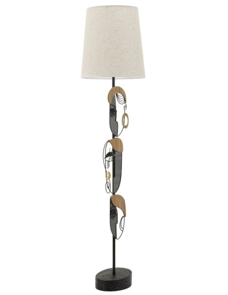 Grand Lampadaire sur pied arty Visages Hauteur 162 cm Métal Noir Bois MDF Naturel Tissu Beige Picassy 