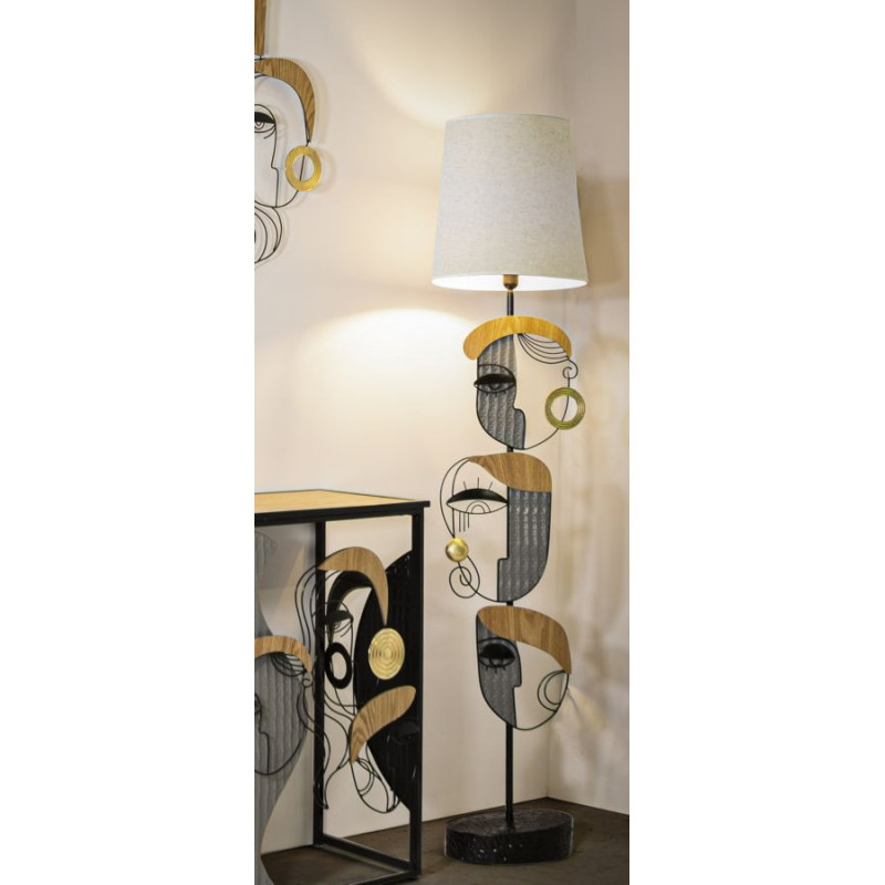 Grand Lampadaire sur pied arty Visages Hauteur 162 cm Métal Noir Bois MDF Naturel Tissu Beige Picassy 