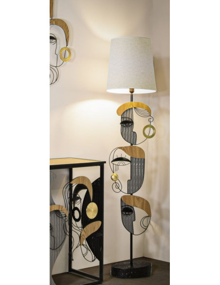 Grand Lampadaire sur pied arty Visages Hauteur 162 cm Métal Noir Bois MDF Naturel Tissu Beige Picassy 