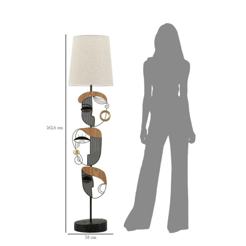 Grand Lampadaire sur pied arty Visages Hauteur 162 cm Métal Noir Bois MDF Naturel Tissu Beige Picassy 