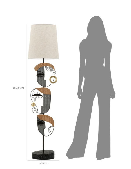 Grand Lampadaire sur pied arty Visages Hauteur 162 cm Métal Noir Bois MDF Naturel Tissu Beige Picassy 