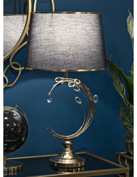 Grand Lampe à poser moderne chic Hauteur 65 cm Métal Doré Tissu Noir Verre Transparent Bruxelles 