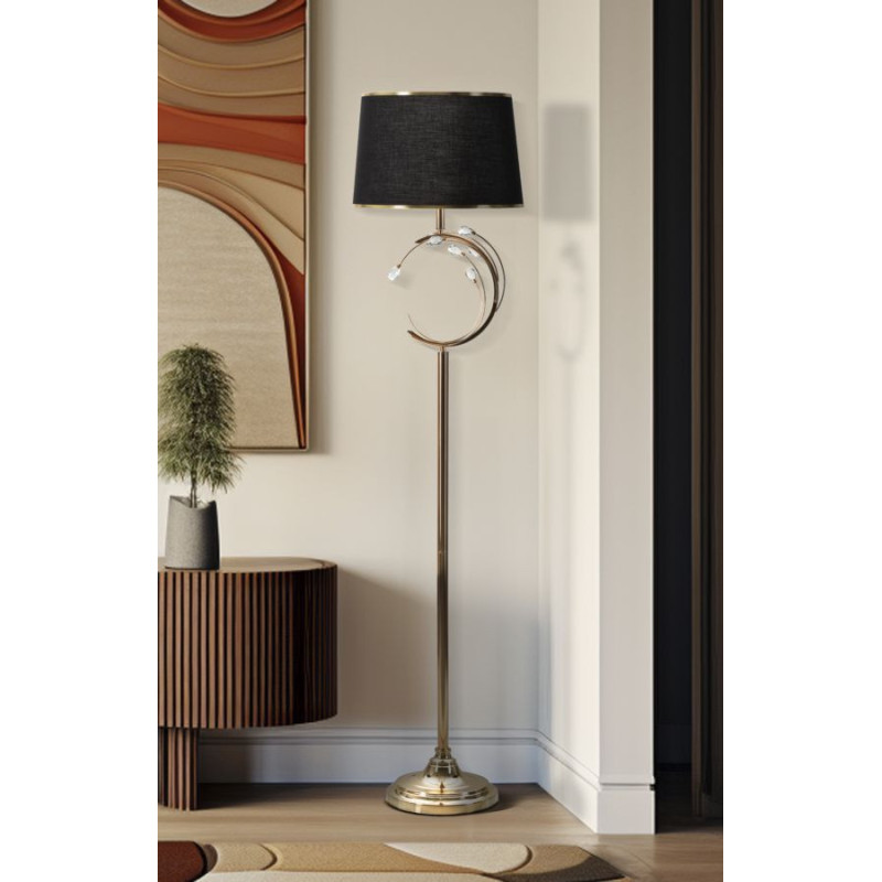 Grand Lampadaire sur pied moderne chic Hauteur 160 cm Métal Doré Tissu Noir Verre Transparent Bruxelles 