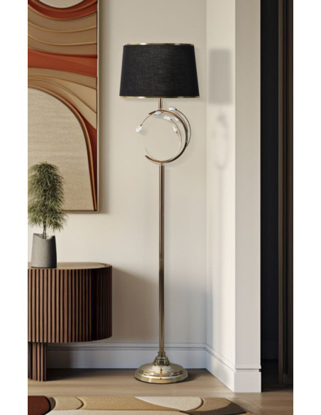 Grand Lampadaire sur pied moderne chic Hauteur 160 cm Métal Doré Tissu Noir Verre Transparent Bruxelles 