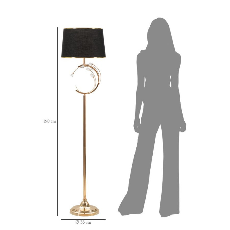 Grand Lampadaire sur pied moderne chic Hauteur 160 cm Métal Doré Tissu Noir Verre Transparent Bruxelles 