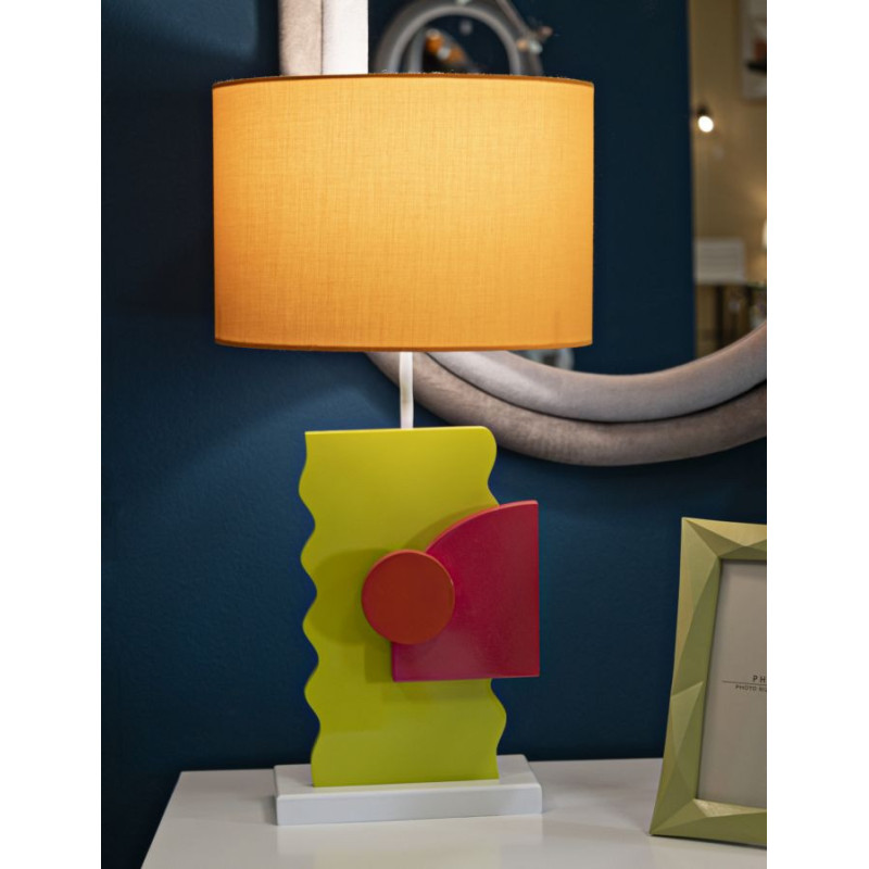 Grande Lampe à poser moderne abstraite Hauteur 60 cm Bois MDF Vert Rose Tissu Orange Color 
