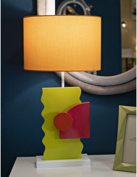 Grande Lampe à poser moderne abstraite Hauteur 60 cm Bois MDF Vert Rose Tissu Orange Color 