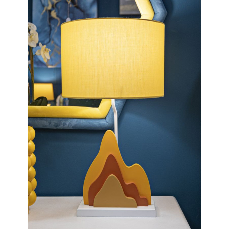 Grande Lampe à poser moderne abstraite Hauteur 57 cm Bois MDF Orange Ocre Tissu Jaune Color 