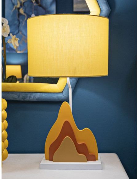 Grande Lampe à poser moderne abstraite Hauteur 57 cm Bois MDF Orange Ocre Tissu Jaune Color 