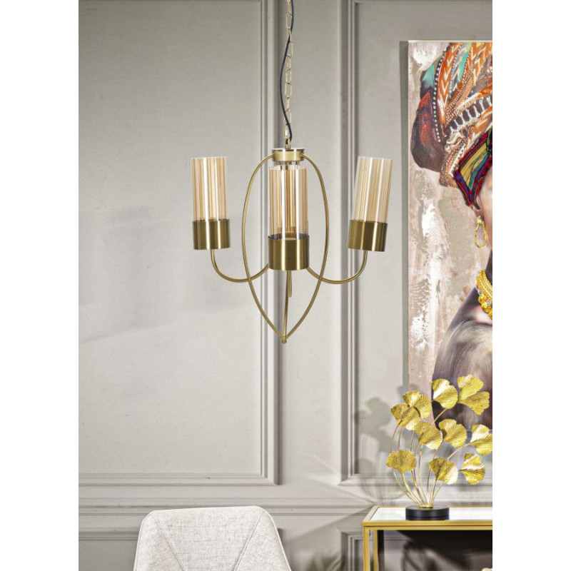 Grande Suspension moderne chic 3 lampes 60 cm Verre Ambré Métal Doré Versailles 