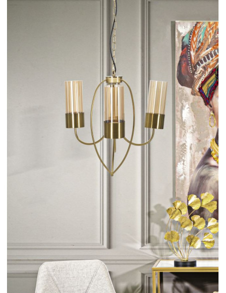 Grande Suspension moderne chic 3 lampes 60 cm Verre Ambré Métal Doré Versailles 