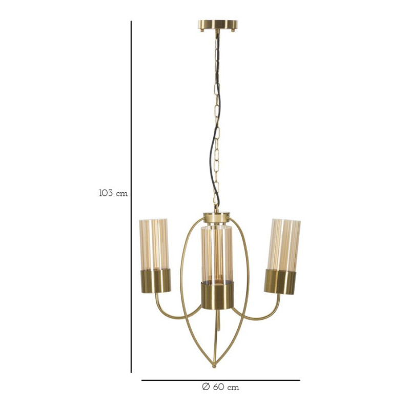 Grande Suspension moderne chic 3 lampes 60 cm Verre Ambré Métal Doré Versailles 