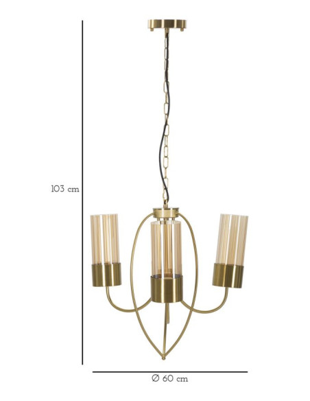 Grande Suspension moderne chic 3 lampes 60 cm Verre Ambré Métal Doré Versailles 