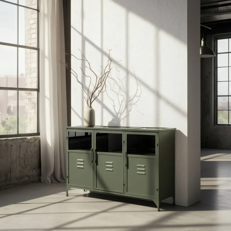 Buffet industriel Bas 3 portes en Métal Vert menthe Verre Transparent Caryl - 2