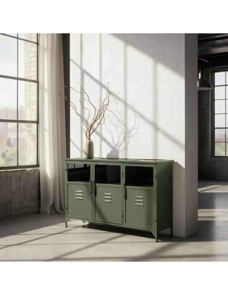 Buffet industriel Bas 3 portes en Métal Vert menthe Verre Transparent Caryl - 2