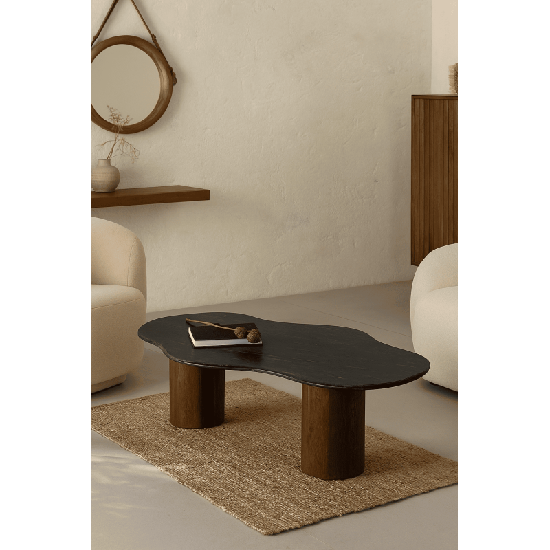 Grande Table basse moderne chic Organique 135 cm en Marbre Noir Bois de manguier Marron Calven - 2