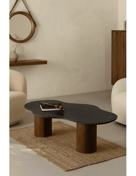 Grande Table basse moderne chic Organique 135 cm en Marbre Noir Bois de manguier Marron Calven - 2