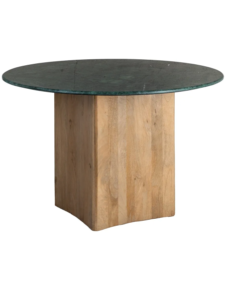 Table à manger moderne chic Ronde 4 personnes 115 cm en Marbre Vert Bois de manguier Naturel Norvio - 1