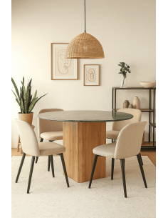 Table à manger moderne chic Ronde 4 personnes 115 cm en Marbre Vert Bois de manguier Naturel Norvio - 1 2