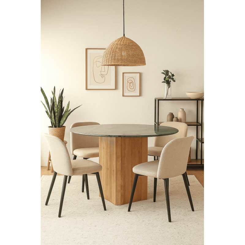 Table à manger moderne chic Ronde 4 personnes 115 cm en Marbre Vert Bois de manguier Naturel Norvio - 2