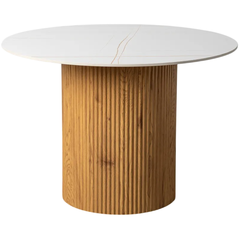 Table à manger art déco moderne Ronde 4 personnes 110 cm Pierre frittée Blanc Effet marbre Bois MDF Naturel Virela - 1