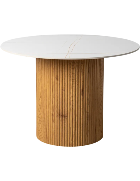 Table à manger art déco moderne Ronde 4 personnes 110 cm Pierre frittée Blanc Effet marbre Bois MDF Naturel Virela - 1