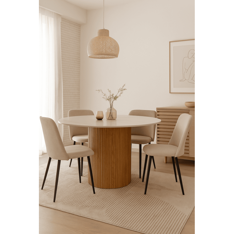 Table à manger art déco moderne Ronde 4 personnes 110 cm Pierre frittée Blanc Effet marbre Bois MDF Naturel Virela - 2