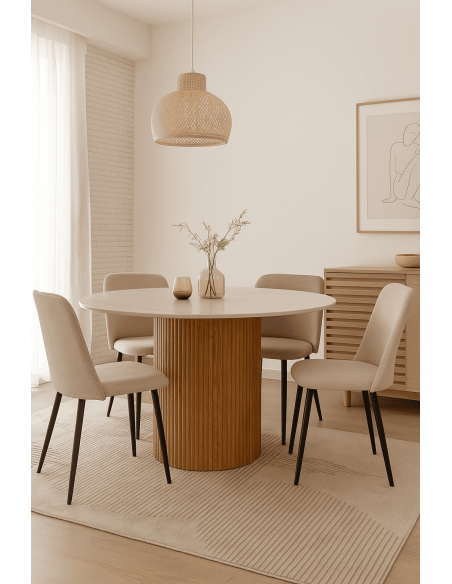 Table à manger art déco moderne Ronde 4 personnes 110 cm Pierre frittée Blanc Effet marbre Bois MDF Naturel Virela - 2