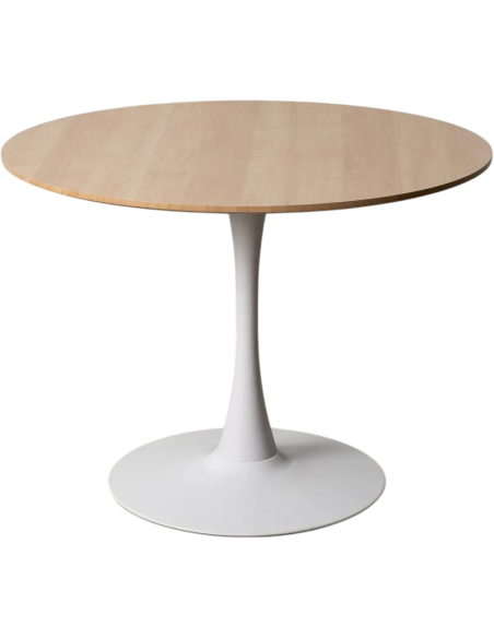 Table à manger moderne chic Ronde 4 personnes en Bois MDF Naturel Mélaminé Motif bois Métal Blanc Oshira - 1