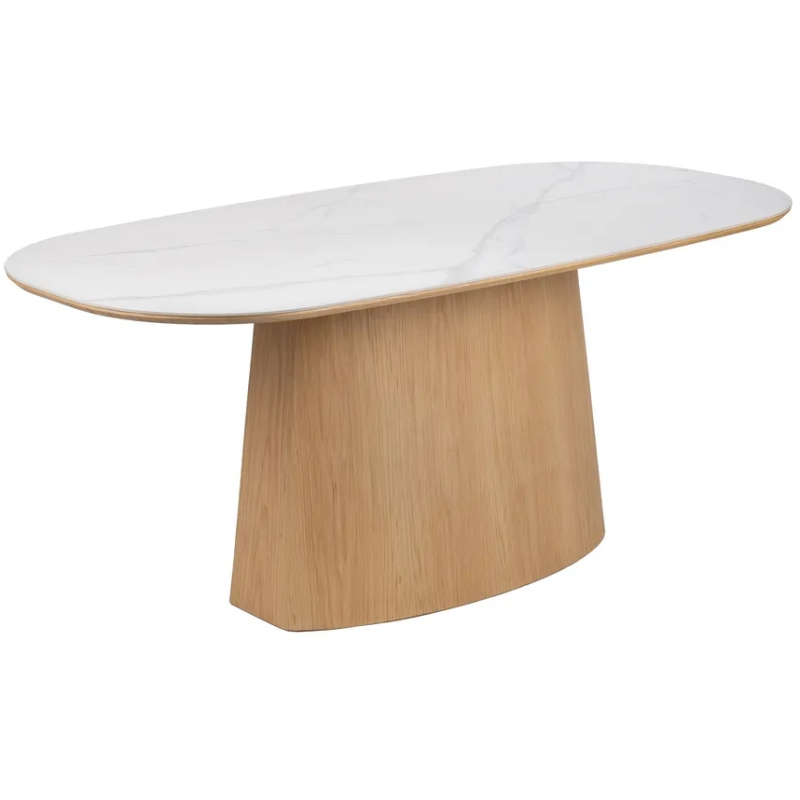 Table à manger moderne chic Ovale 6 personnes en Bois MDF Naturel Céramique Blanc Effet marbre Ezka - 1