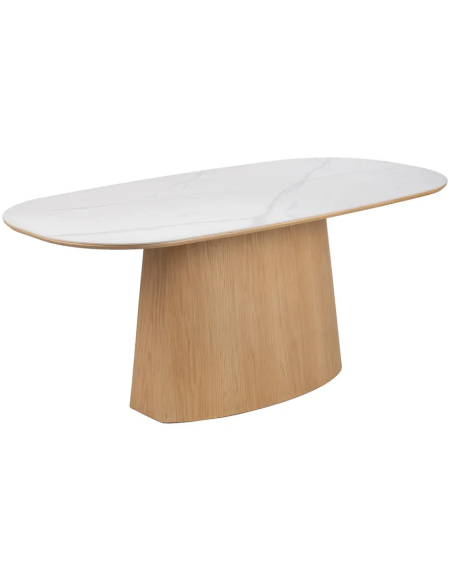 Table à manger moderne chic Ovale 6 personnes en Bois MDF Naturel Céramique Blanc Effet marbre Ezka - 1
