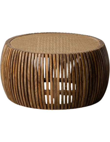 Table basse bohème chic Ronde en Bois de manguier Rotin Naturel Cannage Jilaya - 1