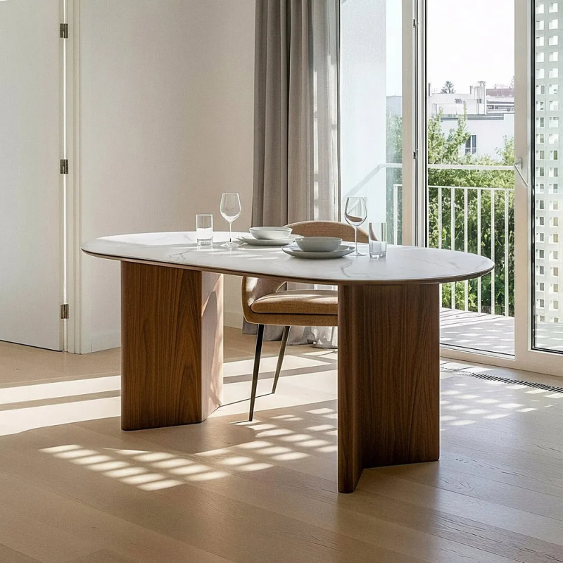 Table à manger moderne chic Ovale 6 personnes en Bois MDF Marron Céramique Blanc Effet marbre Leiza - 2