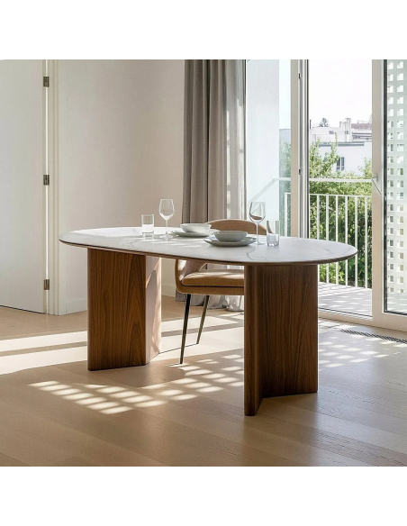 Table à manger moderne chic Ovale 6 personnes en Bois MDF Marron Céramique Blanc Effet marbre Leiza - 2