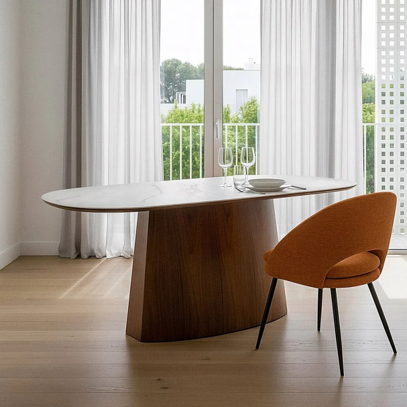 Table à manger moderne chic Ovale 6 personnes en Bois MDF Marron Céramique Blanc Effet marbre Ezka - 2