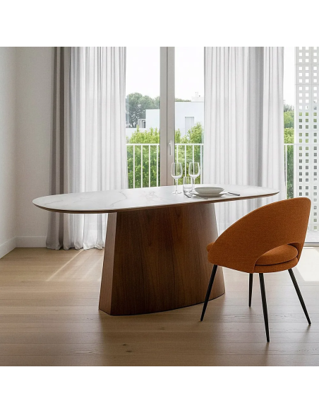 Table à manger moderne chic Ovale 6 personnes en Bois MDF Marron Céramique Blanc Effet marbre Ezka - 2