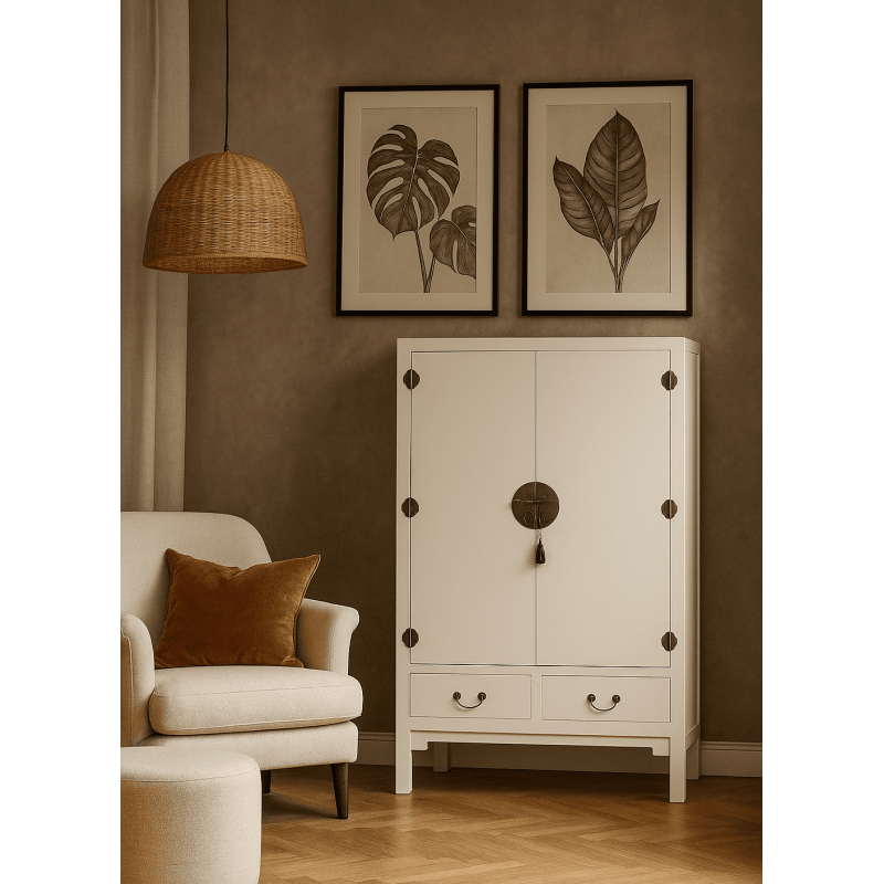 Armoire 2 portes 2 tiroirs en Bois de sapin Blanc Oriente - 2