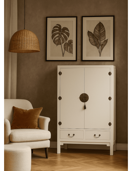 Armoire 2 portes 2 tiroirs en Bois de sapin Blanc Oriente - 2