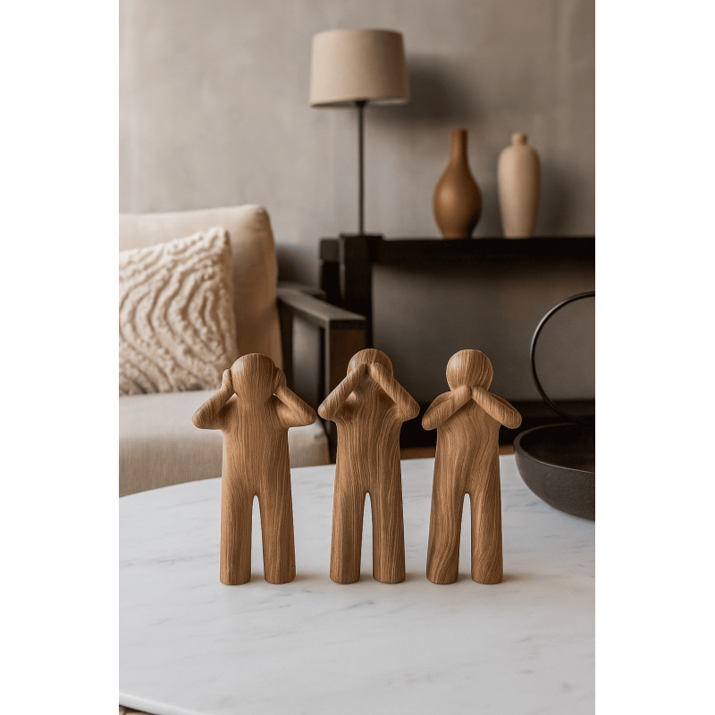 Statuettes déco modernes Voir Entendre Se taire Hauteur 29 cm en Résine Marron Imitation bois P'tit Maurice (Lot de 3) - 2