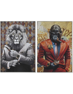 Grande Toile murale peinte Gorille & Lion Gentleman 80x120 Cadre en PS effet bois naturel Orlian (Lot de 2) - 1
