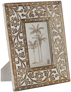 Petit Cadre photo indien pour photo 10x15 Bois de manguier Blanc Naturel Motif fleurs Verio - 1