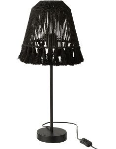 Lampe à poser Mila en Jute Noir Bois de manguier Naturel Avec pompons - 1
