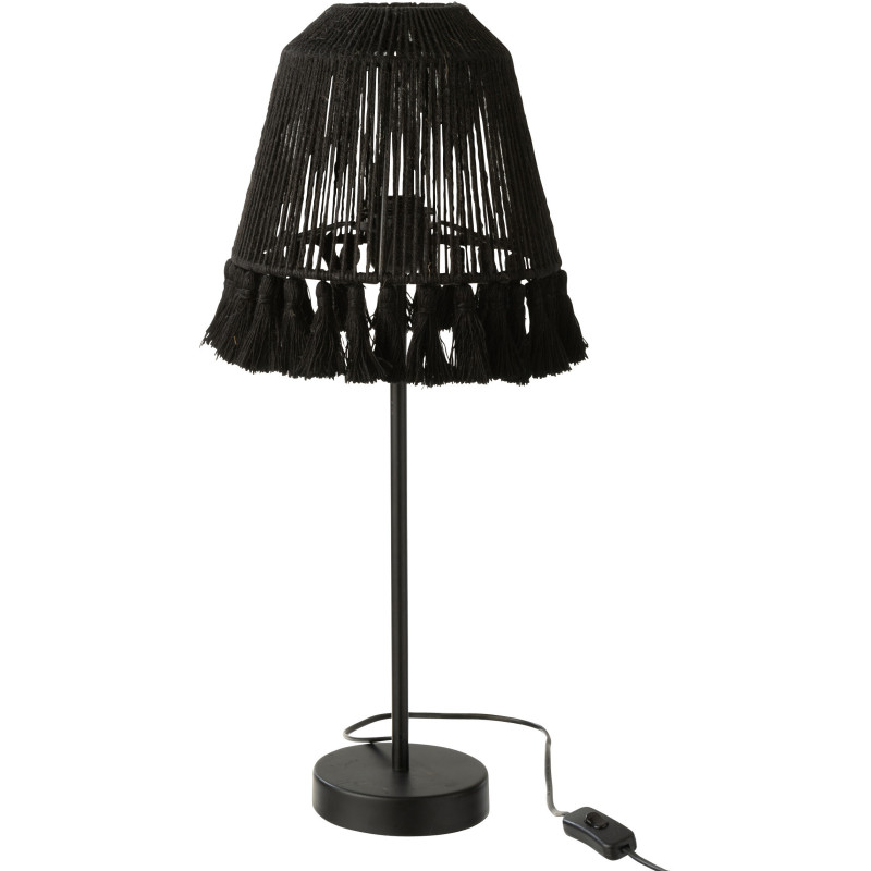 Lampe à poser Mila en Jute Noir Bois de manguier Naturel Avec pompons - 1