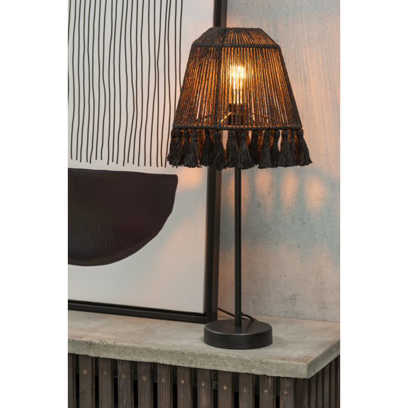 Lampe à poser Mila en Jute Noir Bois de manguier Naturel Avec pompons - 2
