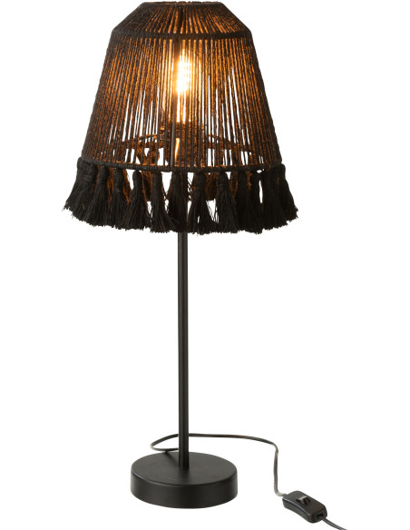 Lampe à poser Mila en Jute Noir Bois de manguier Naturel Avec pompons - 3