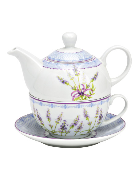 Théière égoïste Shabby chic 400 ml Porcelaine Blanc Bleu Motif lavande Tea For One - 1