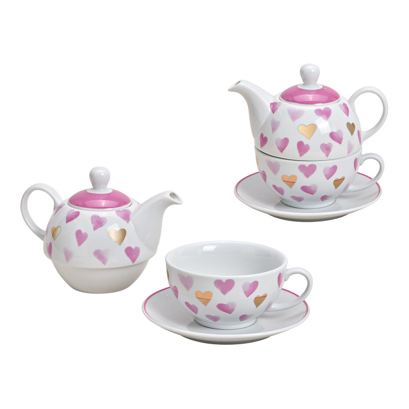 Théière égoïste moderne 400 ml Porcelaine Blanc Rose Doré Motif coeurs Tea For One - 1
