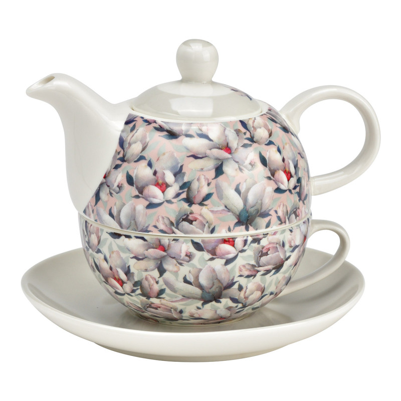 Théière égoïste Shabby chic 400 ml Porcelaine Blanc Biege Motif fleurs de magnolia Tea For One - 1